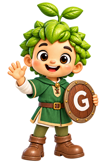 Sprout wearing a green medieval outfit and holding a shield
